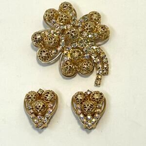 Vintage Shamrock Brooch with Matching Heart Shape Earrings Set